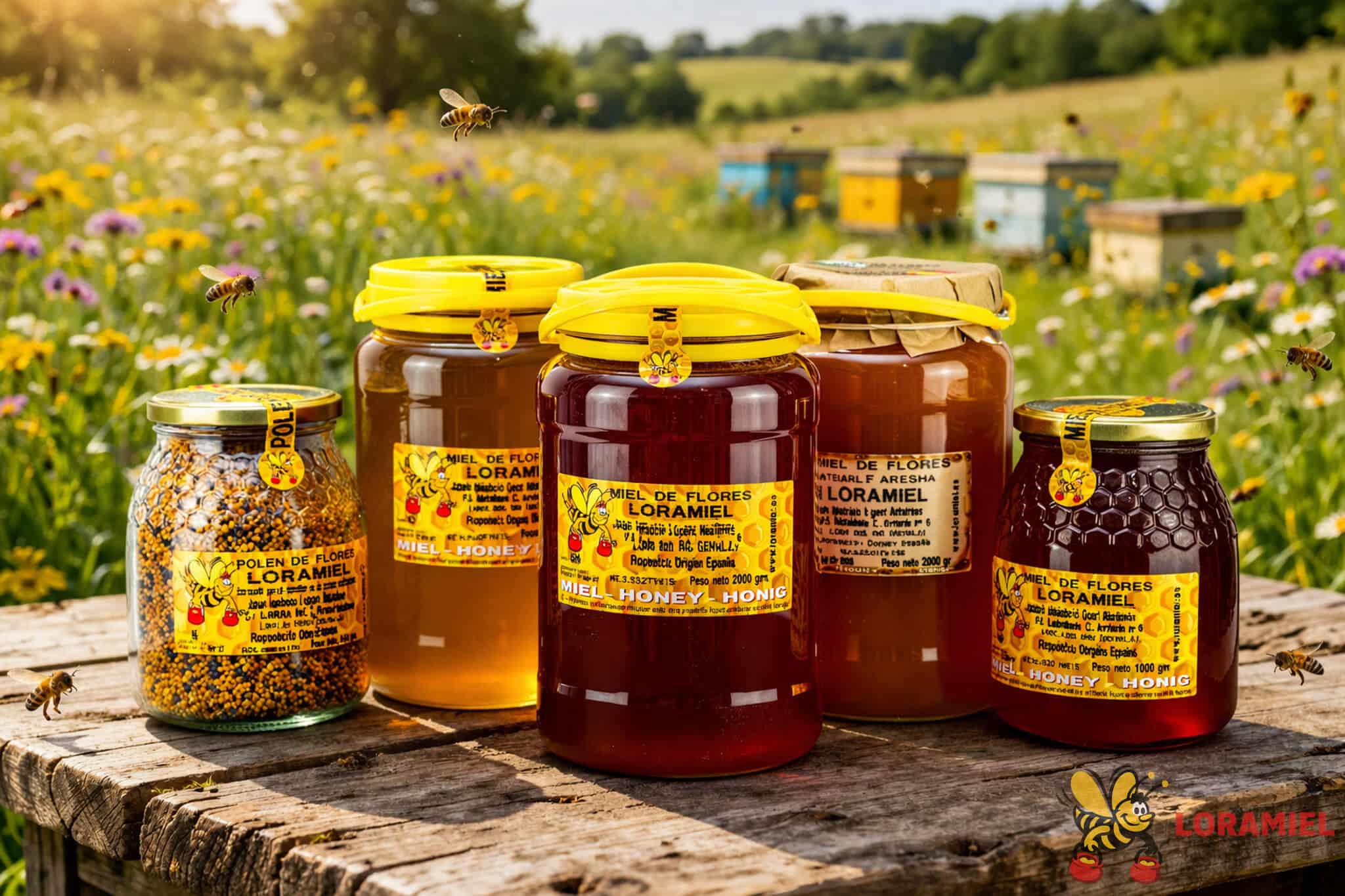 Tarros de miel natural y polen de flores de Loramiel sobre mesa rústica en campo con colmenas y abejas en entorno natural