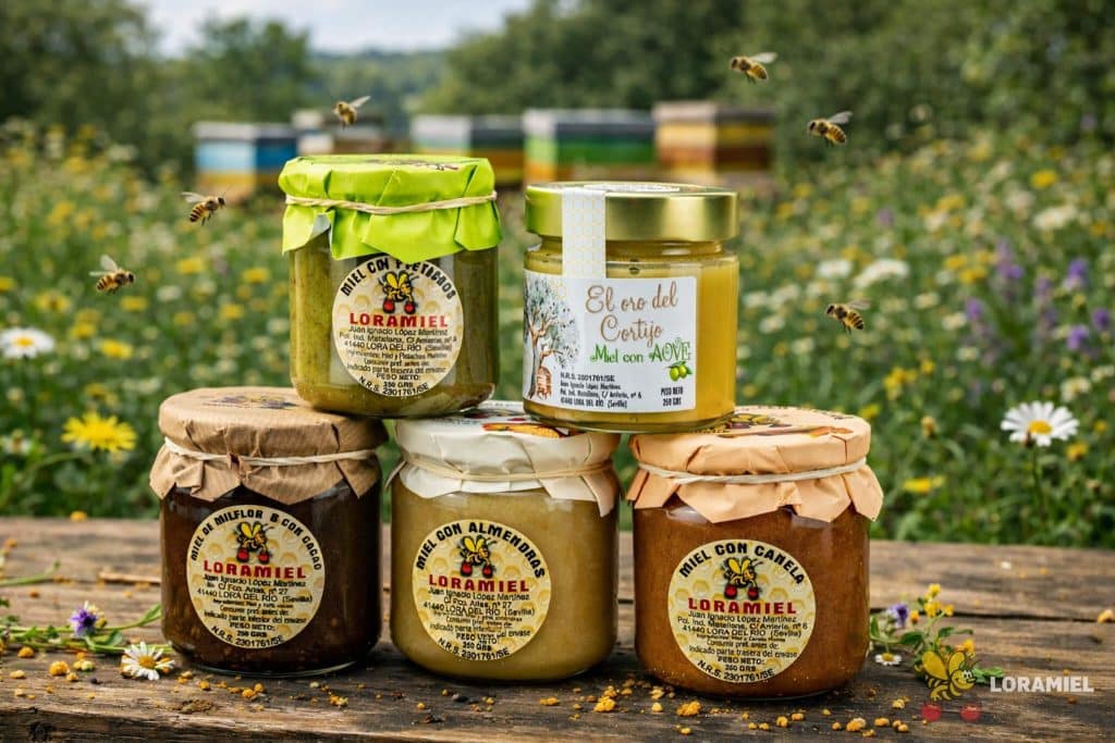 Tarros de miel artesanal Loramiel con almendras, canela, polen y otros ingredientes naturales sobre mesa rústica con abejas y colmenas al fondo