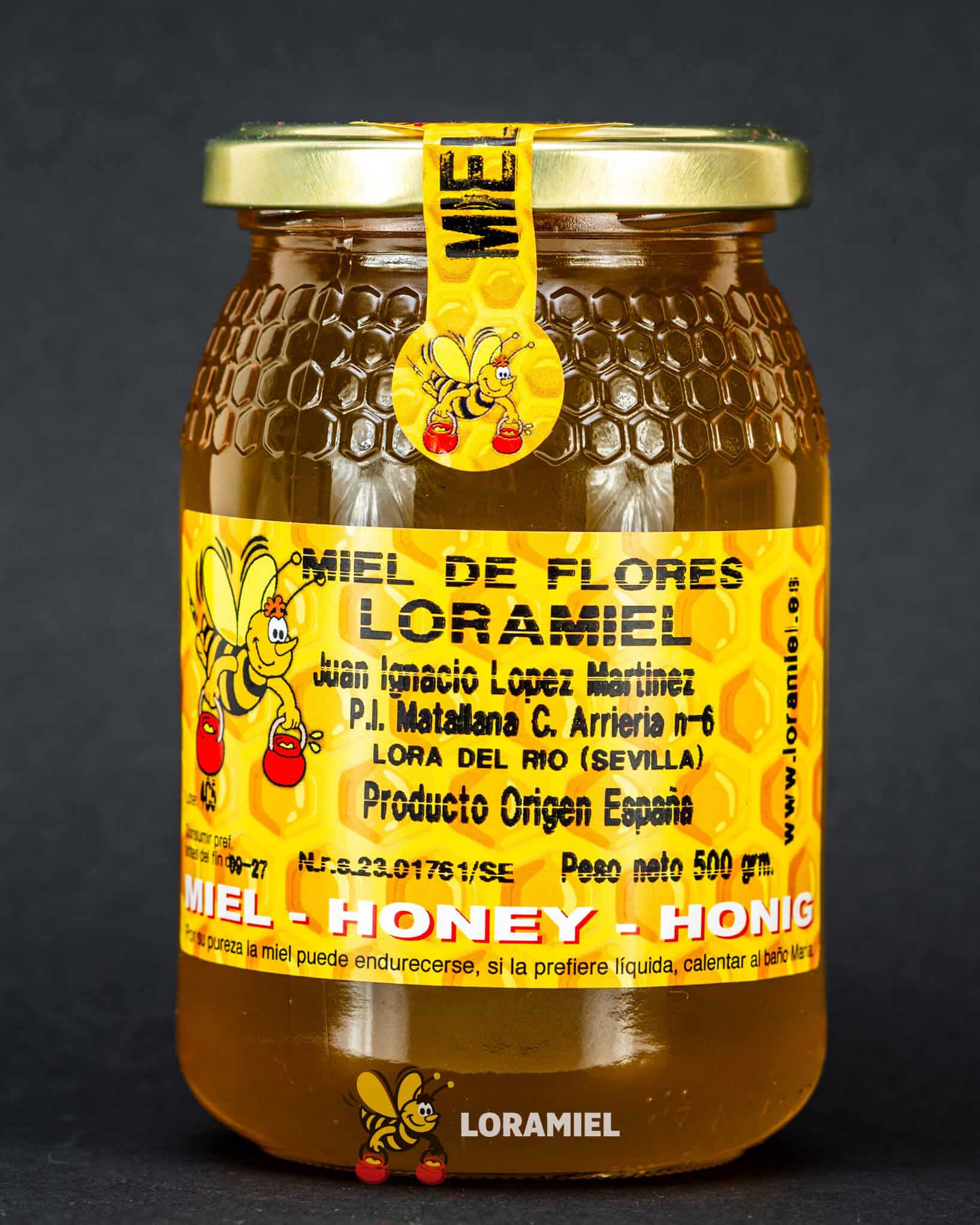 Tarro de miel de flores Loramiel sobre fondo oscuro con polen esparcido, producto natural y artesanal de Sevilla