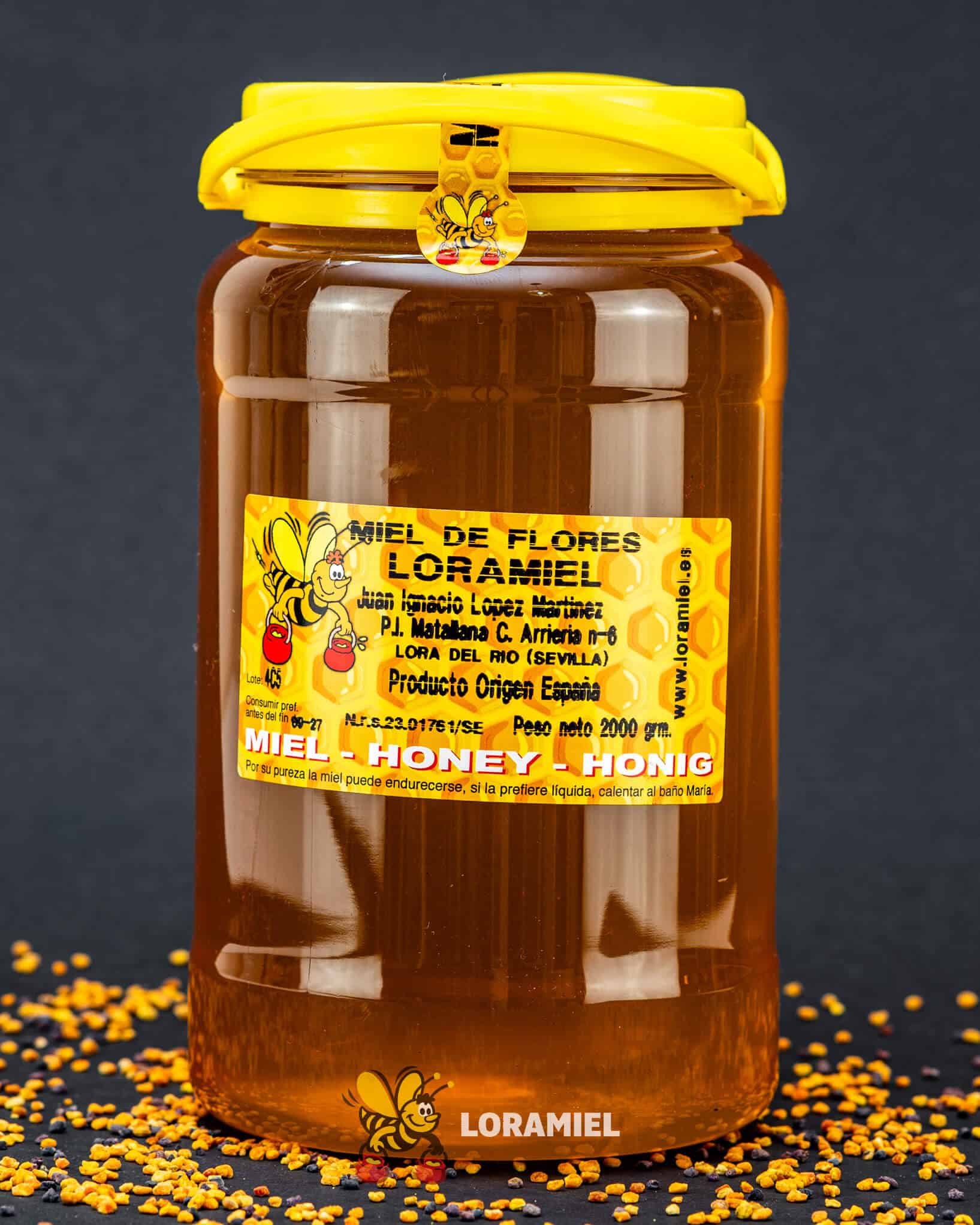Tarro grande de miel de flores Loramiel sobre fondo oscuro con polen, producto natural artesanal de Lora del Río Sevilla