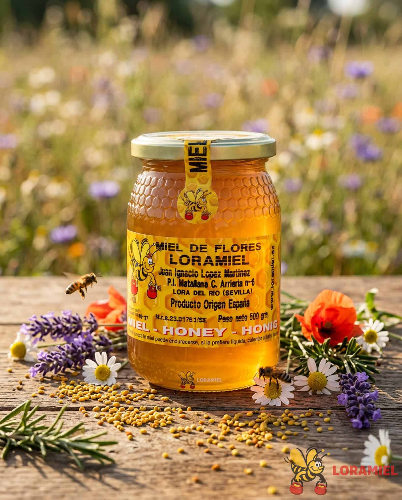 Tarro de miel de flores Loramiel sobre mesa rústica con polen, flores silvestres y abejas en entorno natural