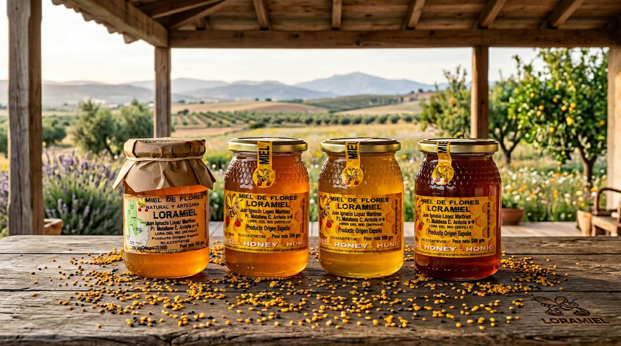 Cuatro tarros de miel de flores Loramiel sobre mesa de madera en porche con paisaje rural, campos y montañas al fondo