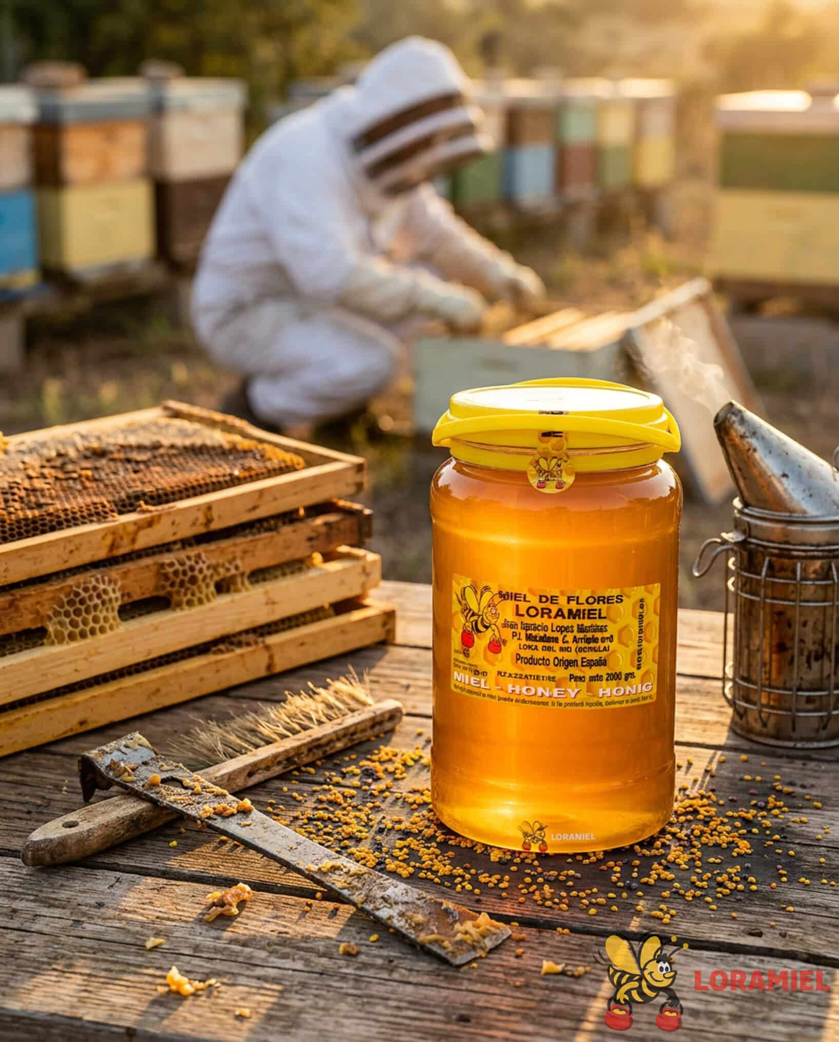 Tarro de miel de flores Loramiel sobre mesa de apicultor con herramientas, panales y apicultor trabajando con colmenas al fondo