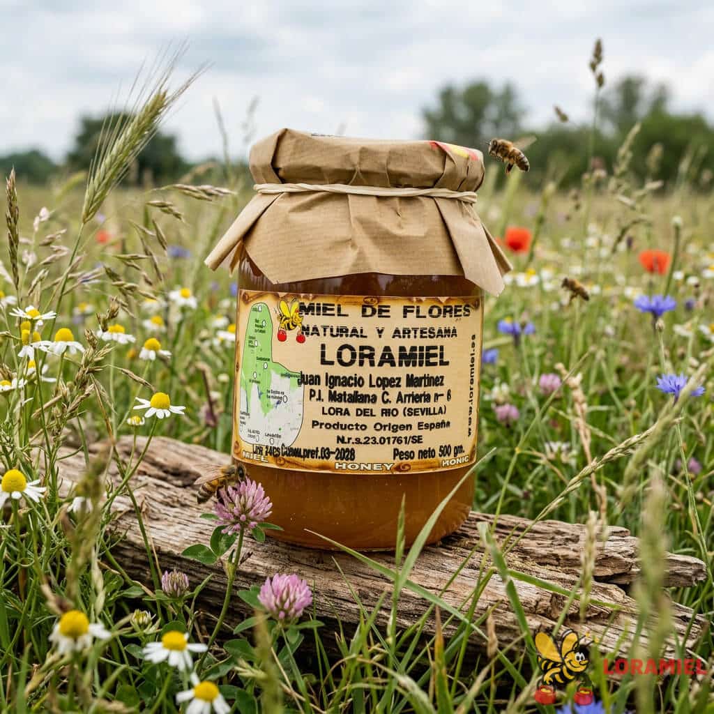 Tarro de miel de flores natural y artesanal de Loramiel sobre madera en prado con flores silvestres y abejas en entorno natural